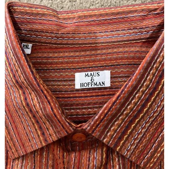 New Maus Hoffman Woven Sport Shirt Red Gold Blended Strip Long Sleeve XXL $325